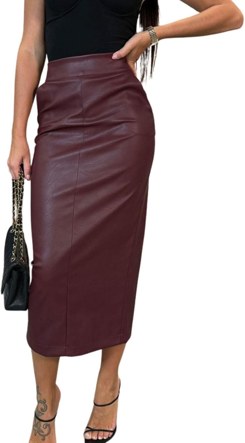 Womens Long Faux Leather Skirt Bodycon High Waist Slim Pencil Midi Skirt with Pockets