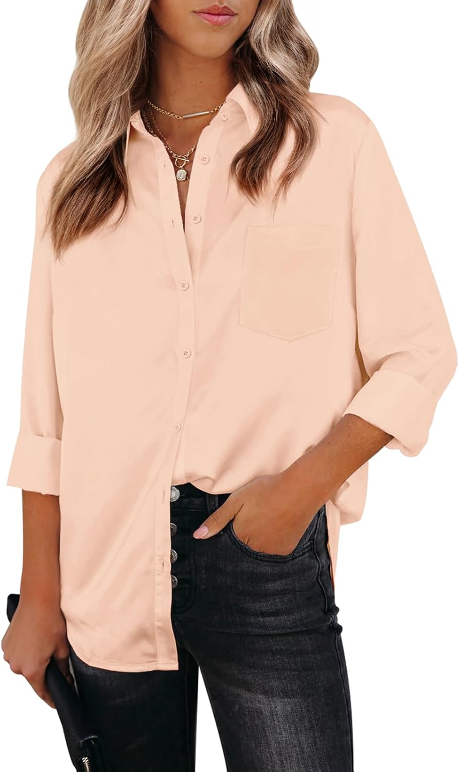 Womens Button Down Shirts Dress Shirts Long Sleeve Collared Blouses V Neck Work Office Tunic Chiffon Tops