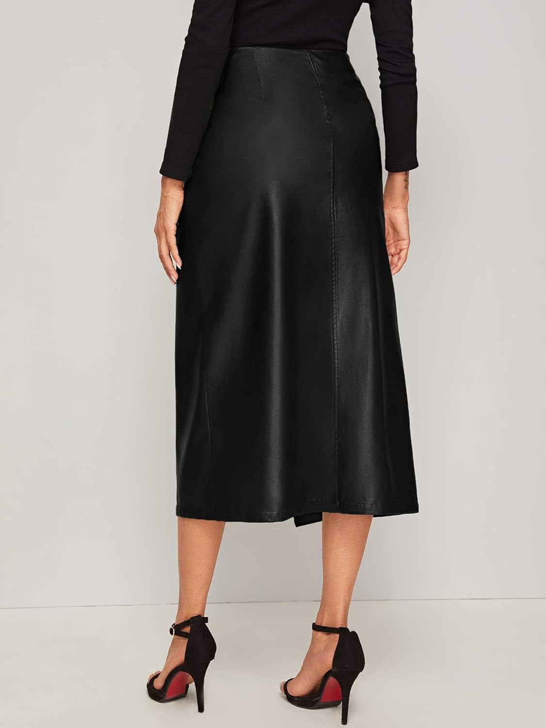 Women's Elegant High Waist Tie Knot Wrap PU Leather Midi Skirts