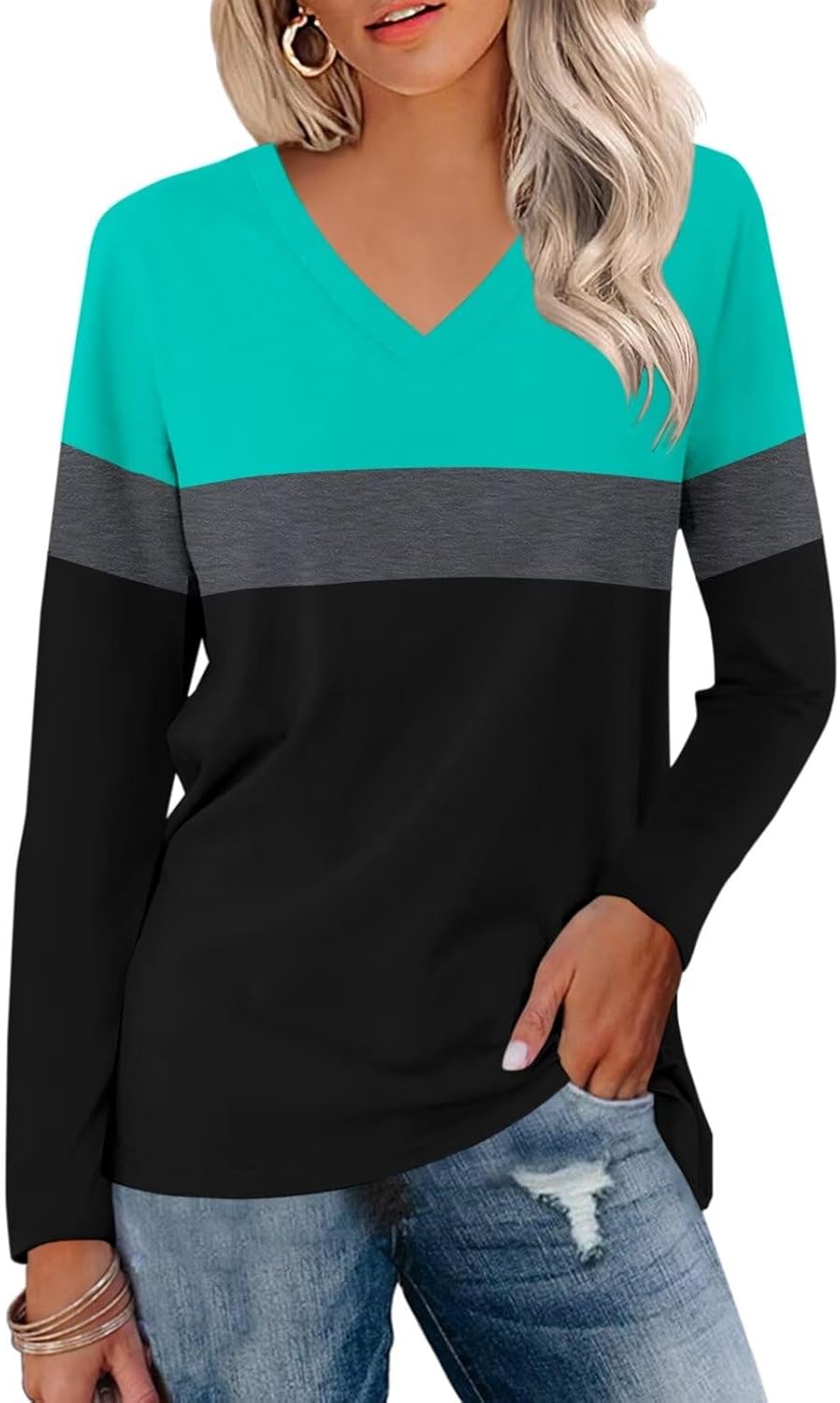 Women's Long Sleeve Color Block Tunics Tops V Neck Casual Cute Shirts Fall Loose Fit Blouses Tees