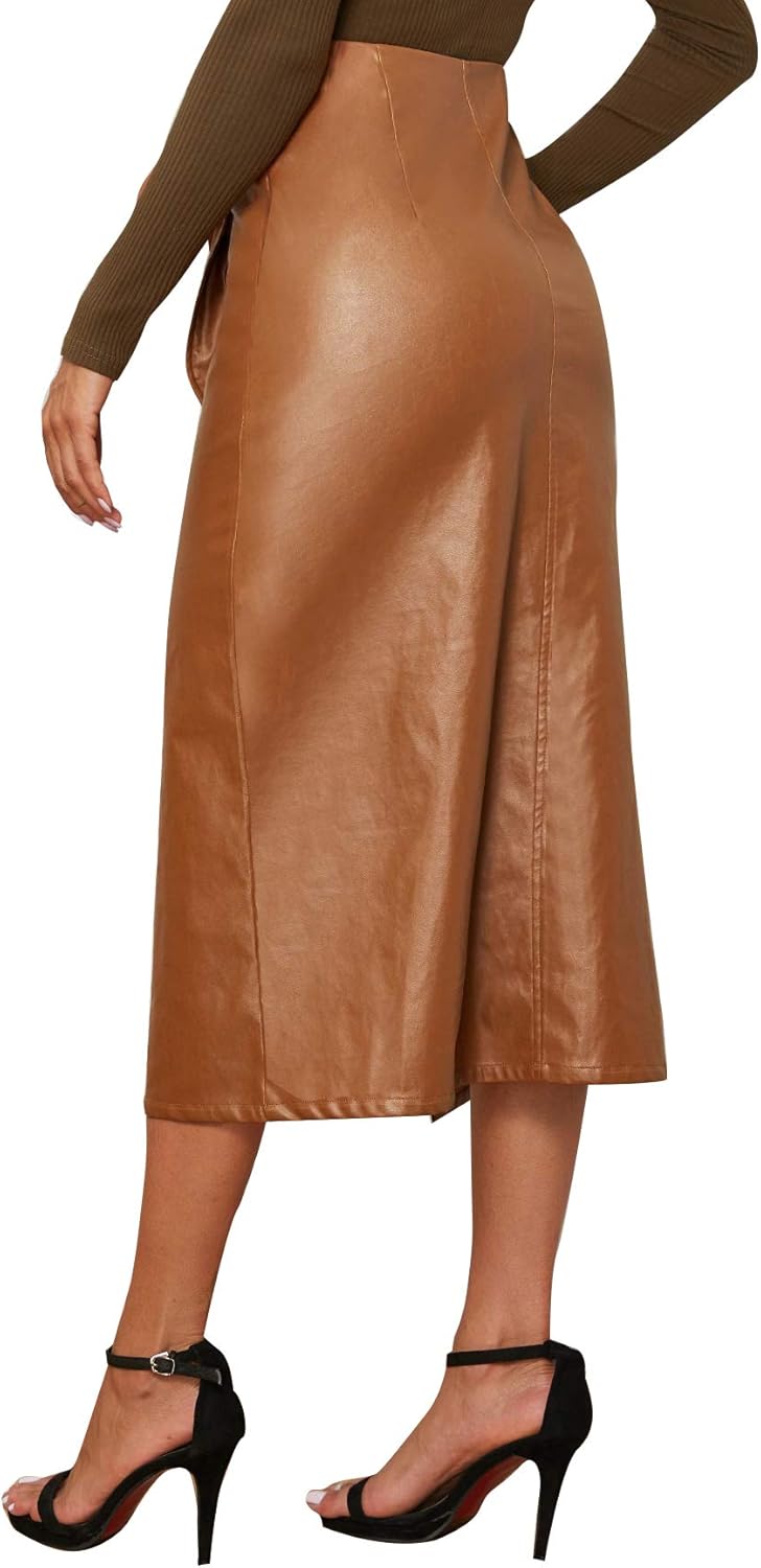 Women's Elegant High Waist Tie Knot Wrap PU Leather Midi Skirts