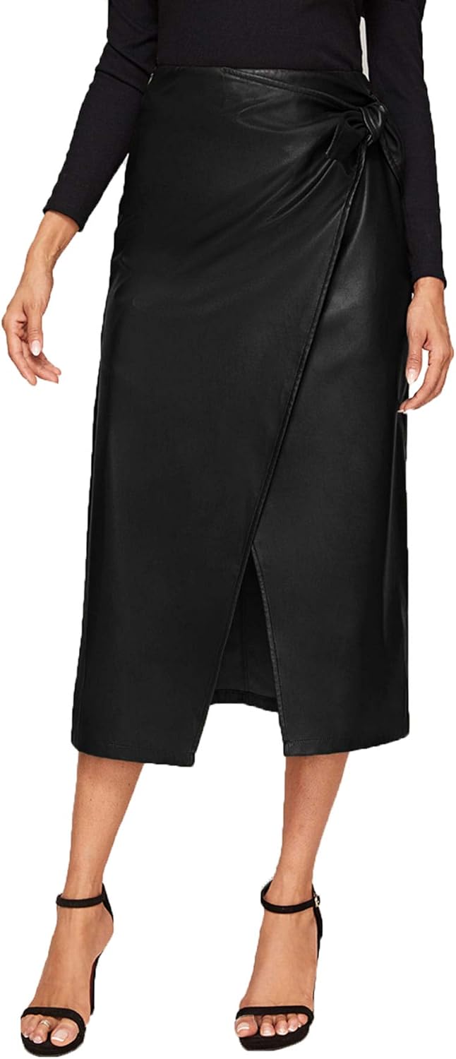 Women's Elegant High Waist Tie Knot Wrap PU Leather Midi Skirts