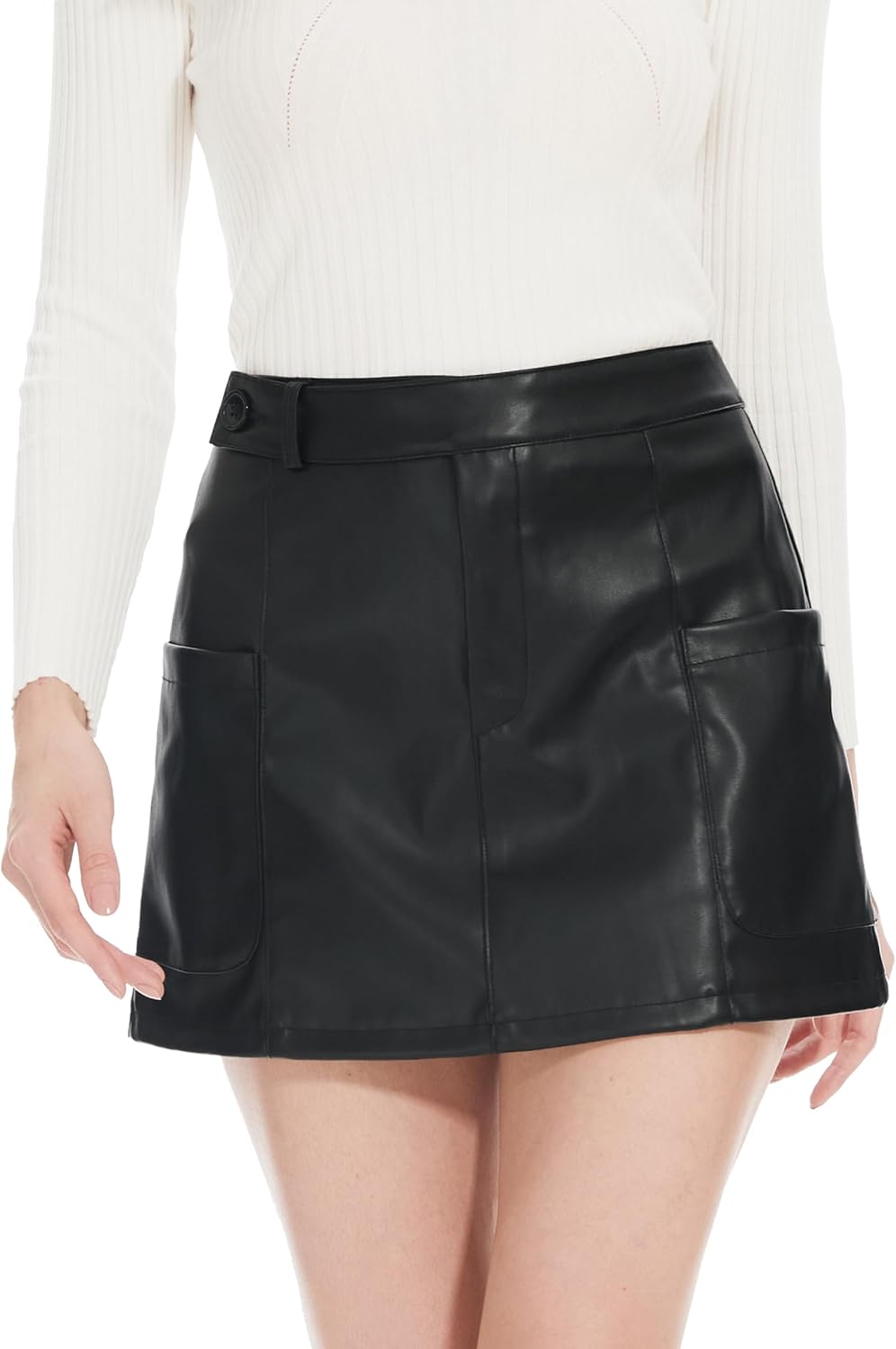 Women's Faux Leather Skirt, Black High Waisted Stretchy Zipper Mini A Line Pencil Short Plus Size S-XXL