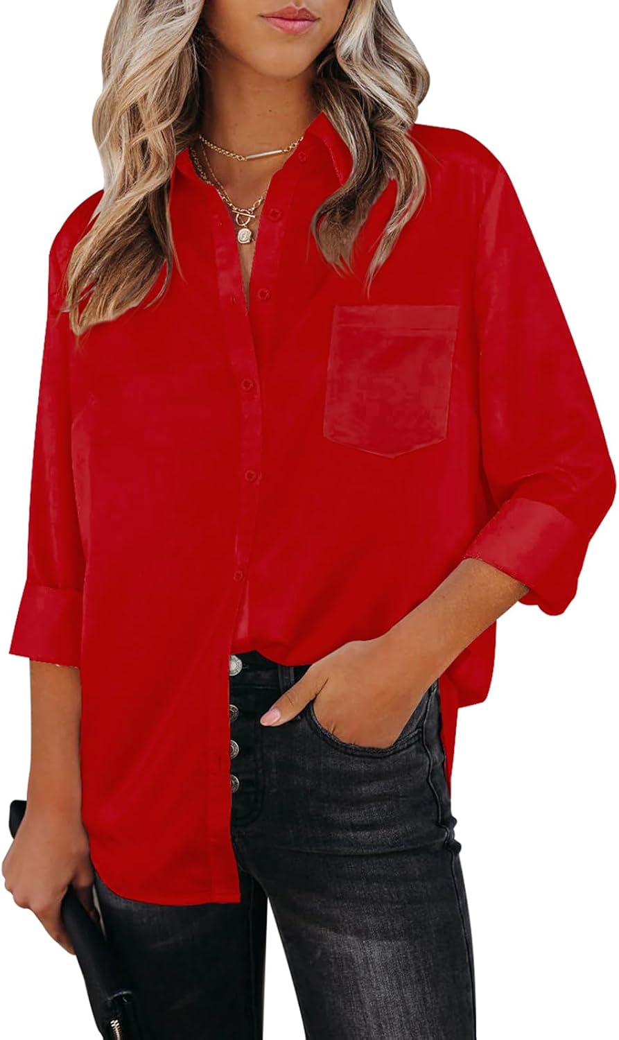 Womens Button Down Shirts Dress Shirts Long Sleeve Collared Blouses V Neck Work Office Tunic Chiffon Tops