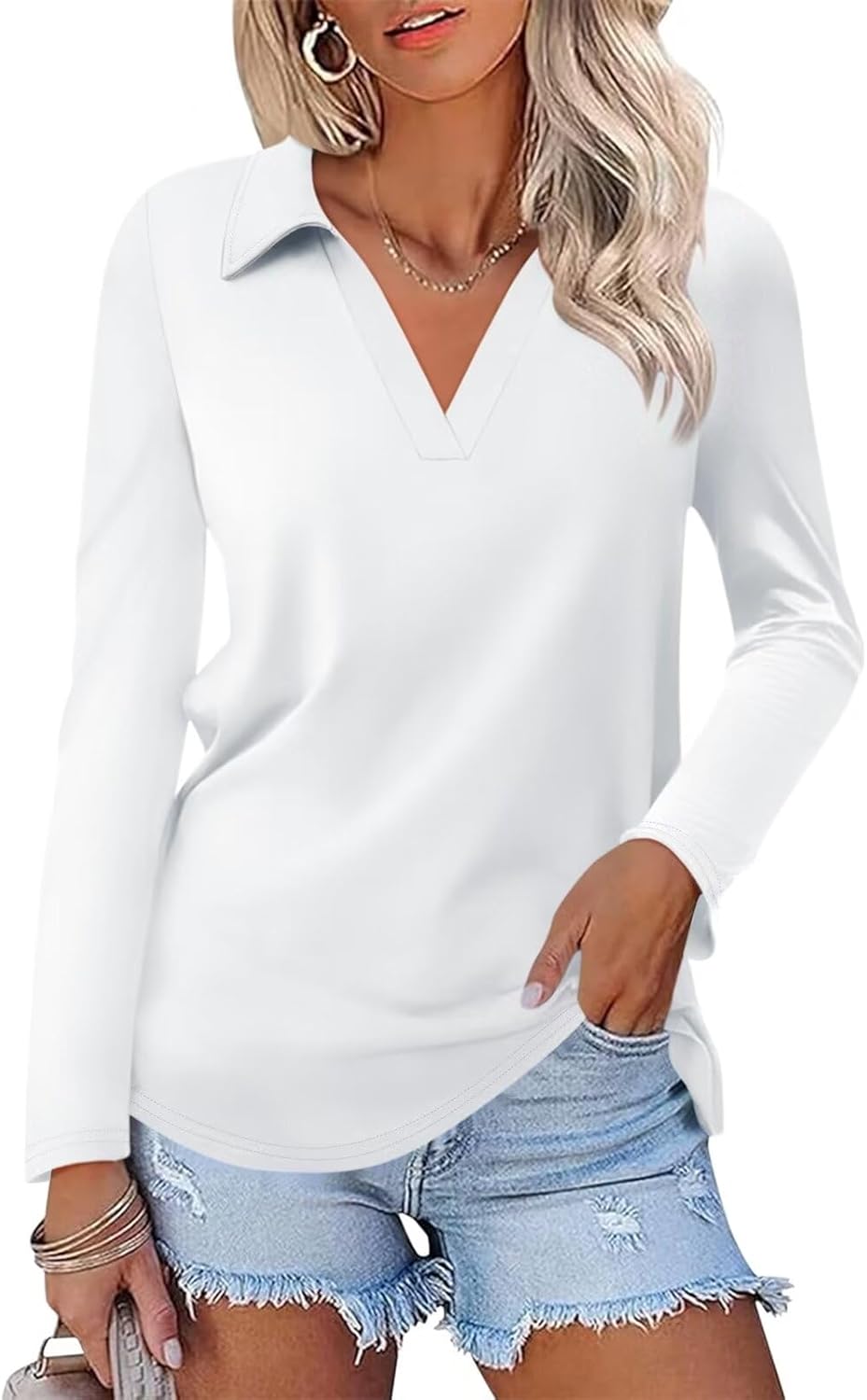 Women's Long Sleeve  Shirts Casual Color Block V Neck Tops Fall Collar Ladies Tunics Tees