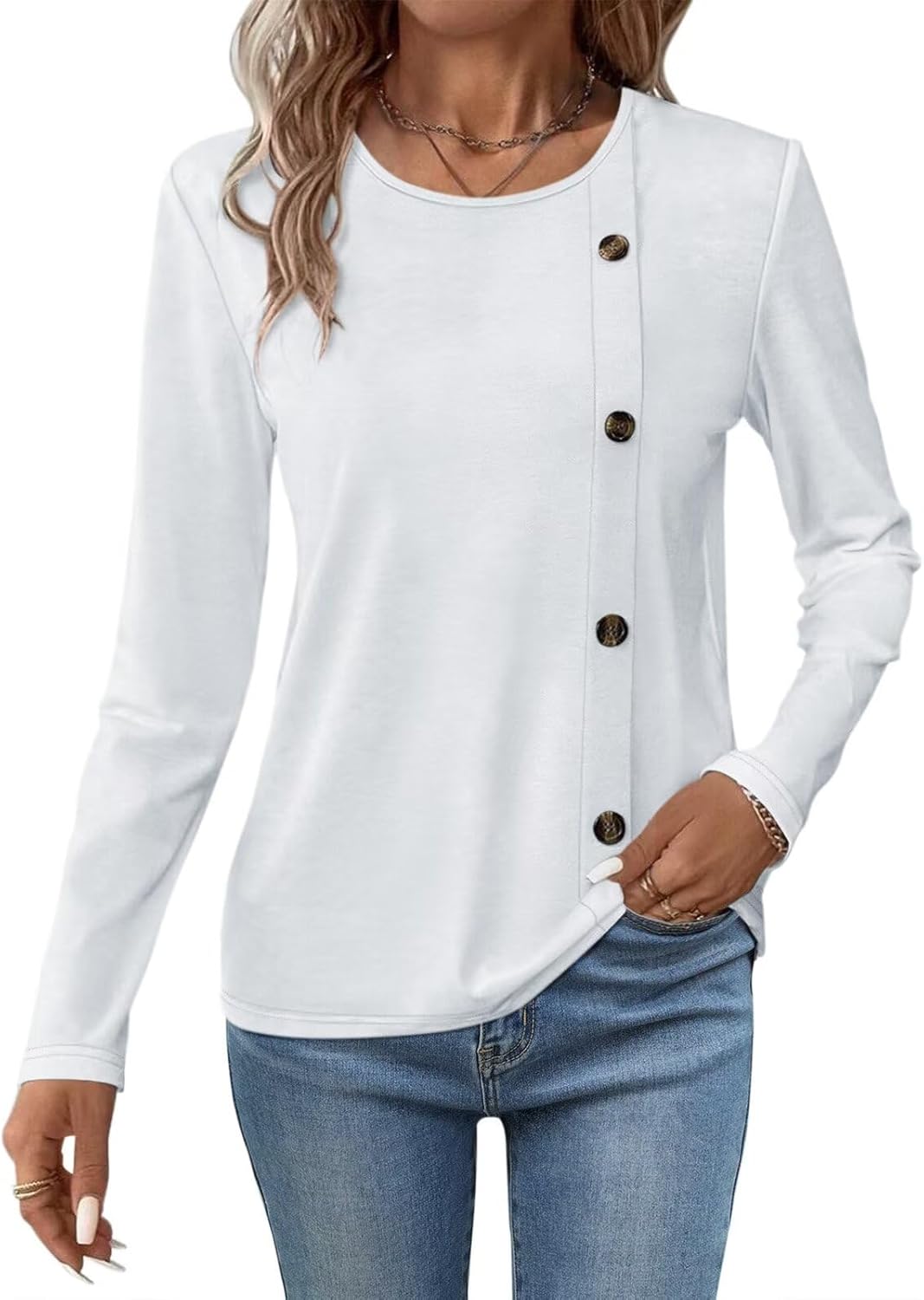 Women's Long Sleeve Tops Crew Neck T Shirts Button Side Casual Tunic Tops