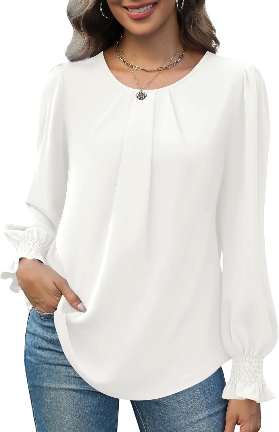 Womens Tops Dressy Casual Smocked Long Sleeve Shirts Crew Neck Loose Chiffon Tunics Office Work Blouses