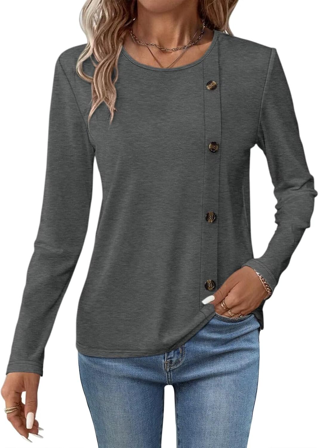 Women's Long Sleeve Tops Crew Neck T Shirts Button Side Casual Tunic Tops
