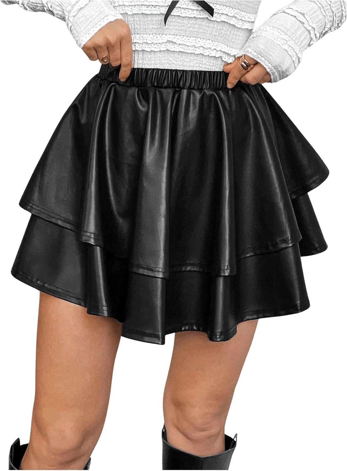 Women's PU Leather Double Layer Skirt Elastic Waist Flare Y2K Mini Skirts