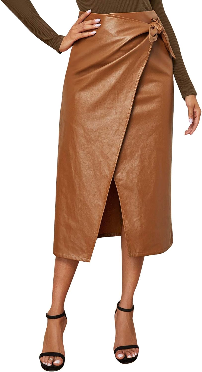 Women's Elegant High Waist Tie Knot Wrap PU Leather Midi Skirts
