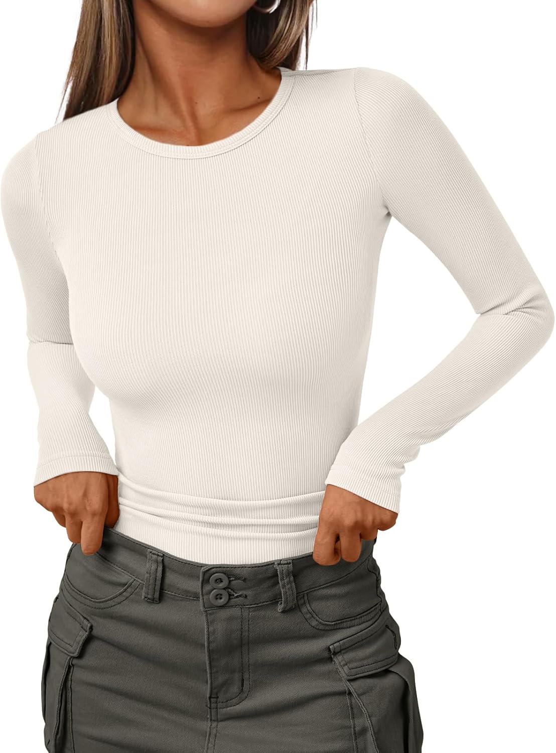 Womens Ribbed Shirts Crewneck Fitted Tops Casual Underscrubs Layer Slim Basic T-Shirts