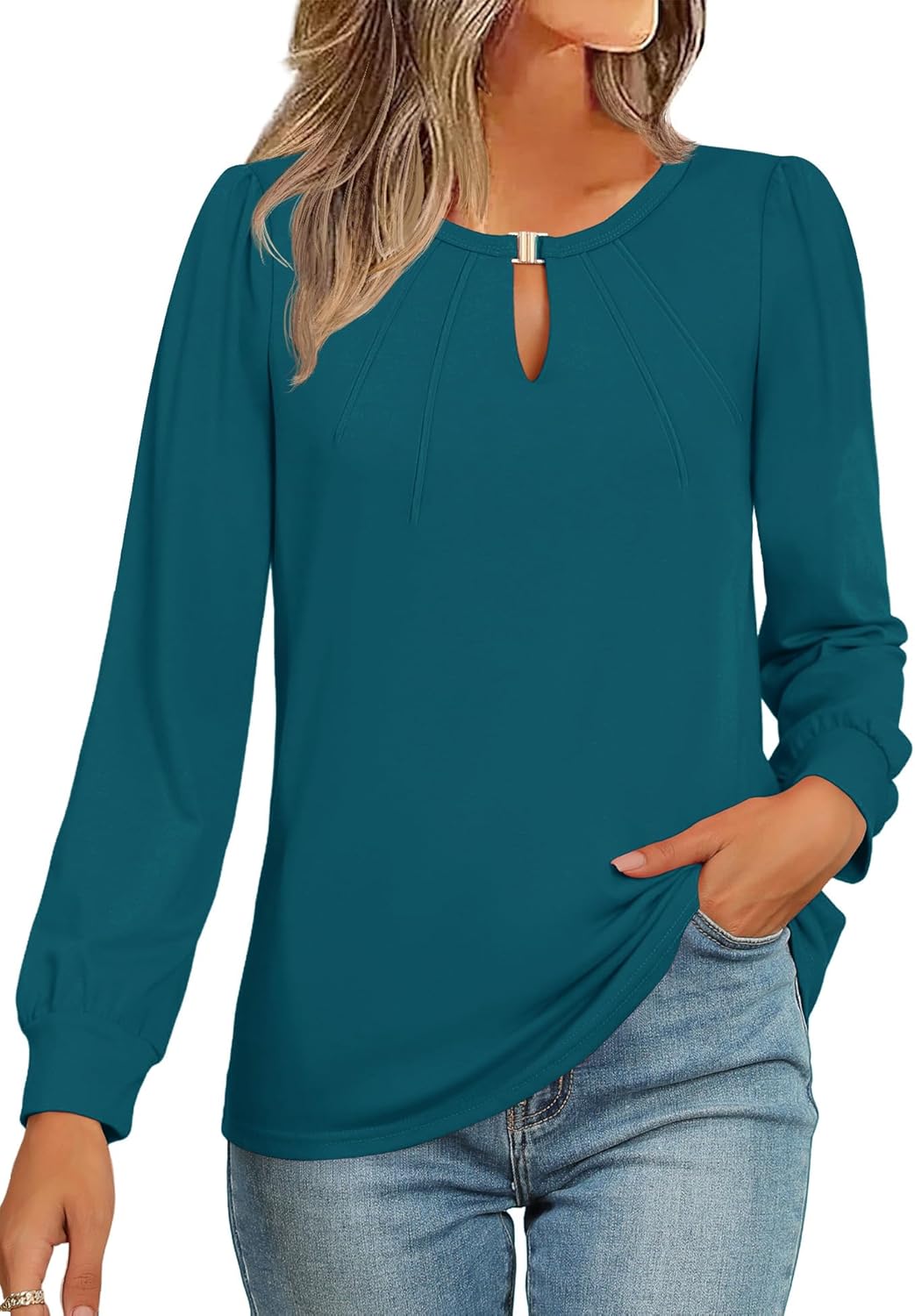 Womens Fall Long Sleeve Tops Work Casual Dressy Shirts for Women Keyhole Pleated Puff Sleeve Blouse