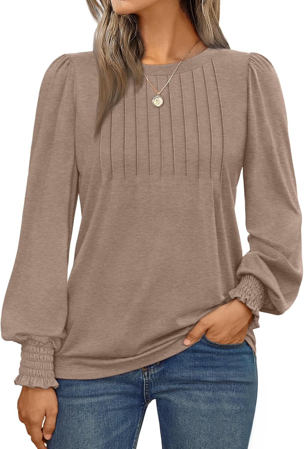 Long Sleeve Shirts Womens Pleated Business Casual Blouses with Smocked Cuffs