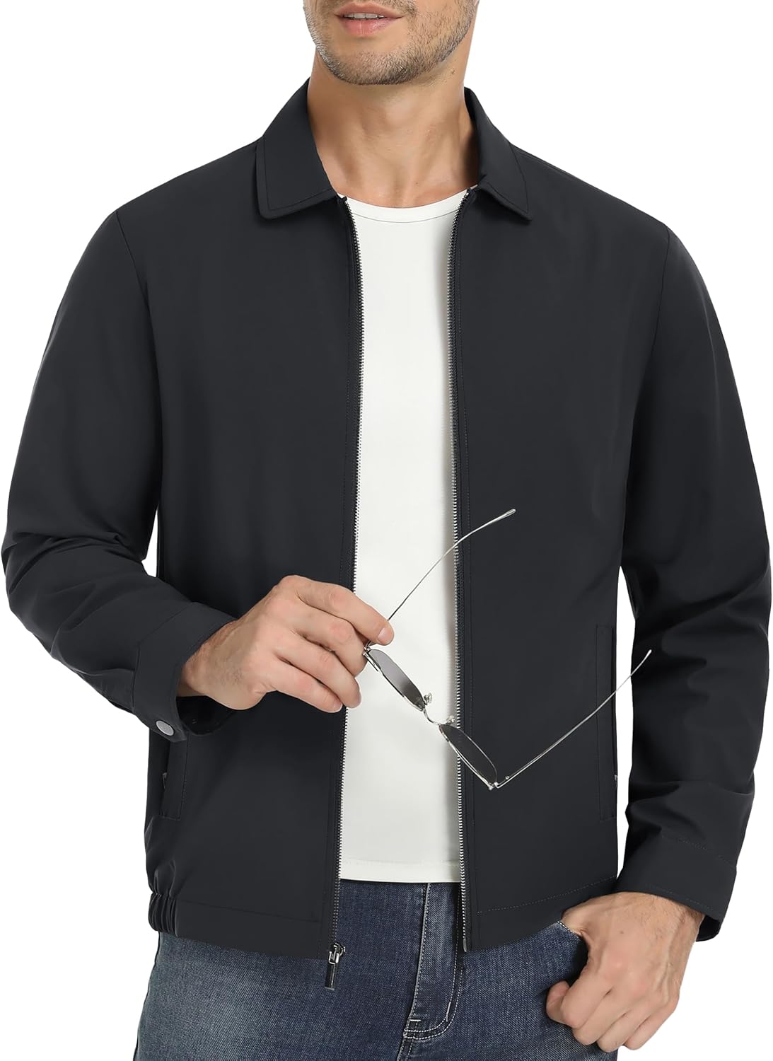 Mens Lightweight Jackets Full Zip Laydown Collar Golf Light Windbreaker Jackets with Zip Pockets