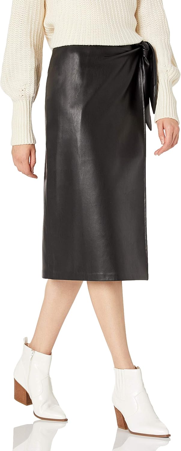 Women's  Vegan Leather Wrap-Front Midi Skirt