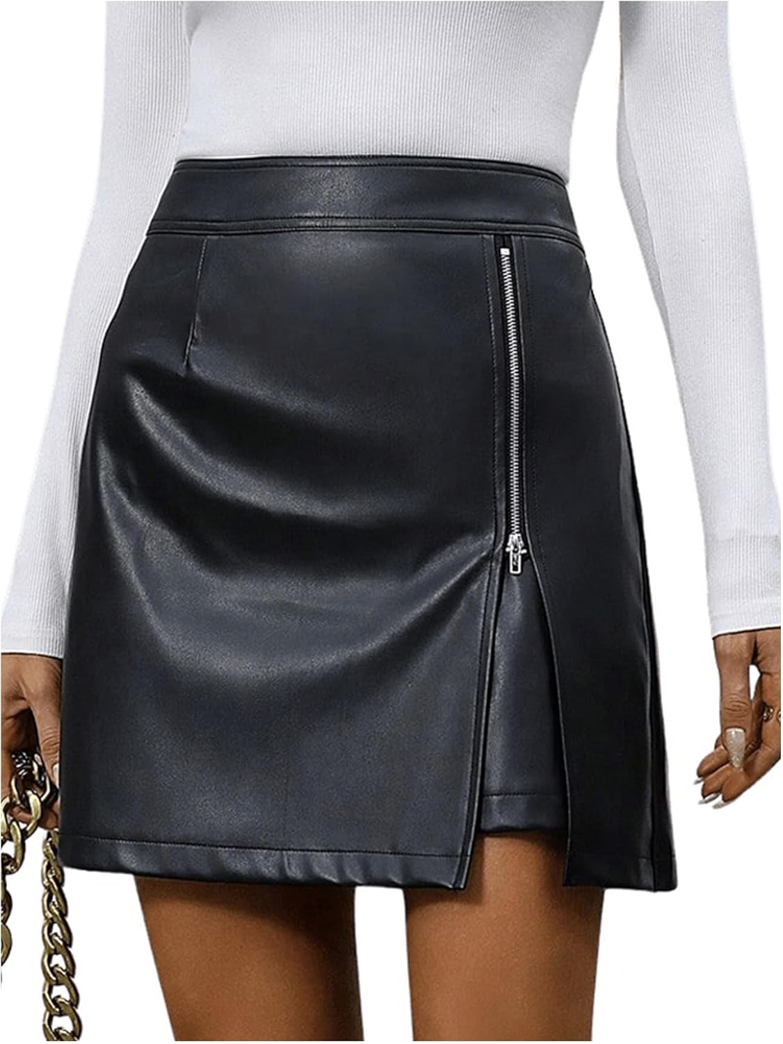 Women's Side Zipper Split Hem Pu Leather Skirt High Waist Mini Skirts