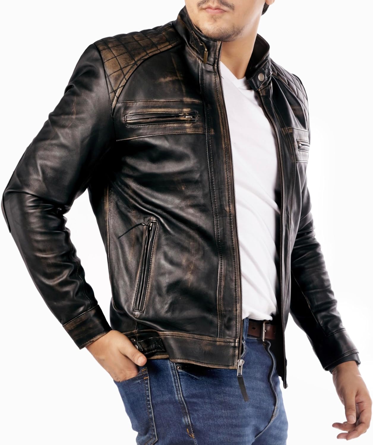 Diamond Style Lambskin Leather Jacket Men - Premium Leather  Vintage Look Motorcycle Jacket Men