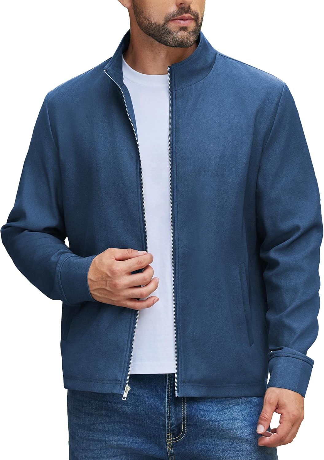 Men's Lightweight Zip Up Jacket Stand Collar Jacket Casual Light Golf Jackets with Pocket