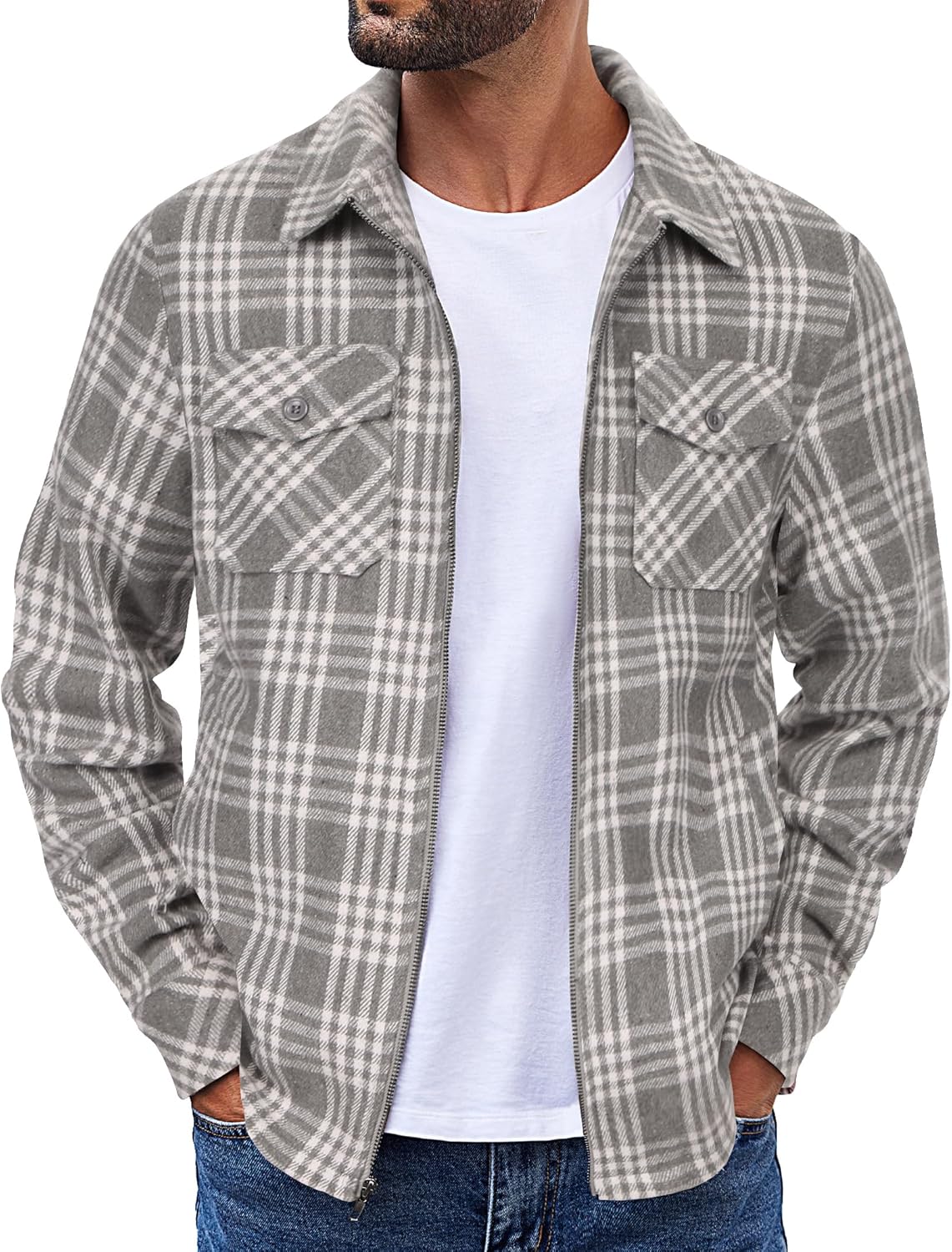 Men Flannel Jackets Full Zip Up Plaid Shirt Shackets Cotton Lightweight Jackets Casual Stylish Fall Jackets 2024