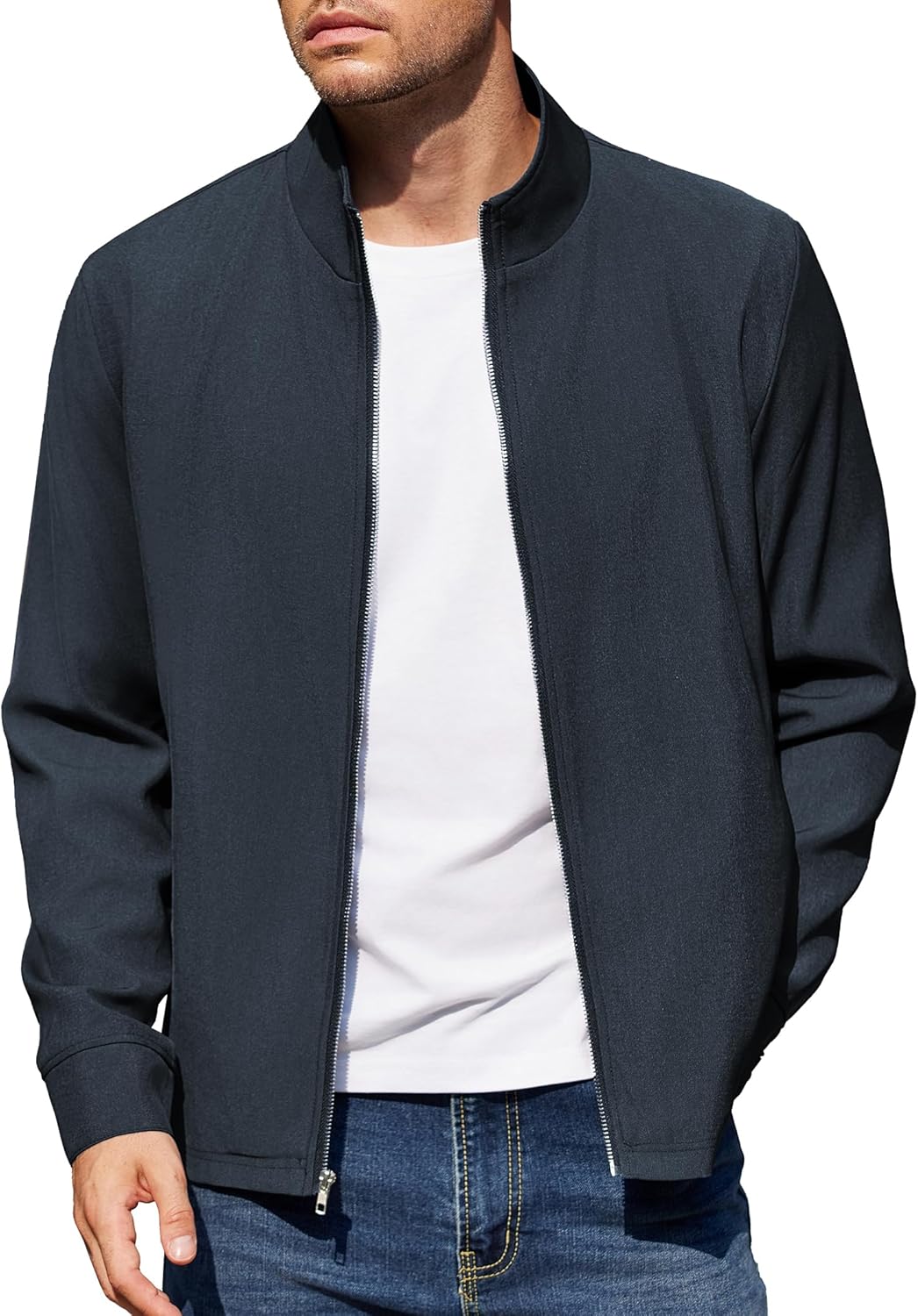 Men's Lightweight Zip Up Jacket Stand Collar Jacket Casual Light Golf Jackets with Pocket